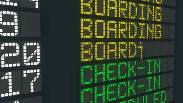 Boarding status change airport table, international flight departures schedule