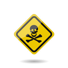Danger vector sign. Yellow warning badge, Skull and bones Vector illustration