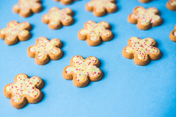 Fototapeta na wymiar Galletas con forma de flor en fondo azul