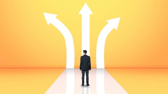 Businessman choosing path on crossroads making tough decision, choice options