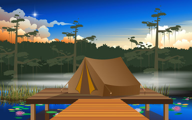 camping tent on the wooden floor at the swamp in the jungle