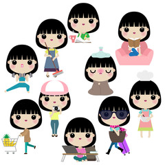 Vector illustration of woman or girl in different lifestyle activities such as cooking, working, reading, cleaning, being sick, traveling,studying,exercising, shopping,taking photos.