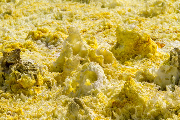 Dallol Sulphur springs and pools Danakil Depression Ethiopia.   The Sulphur springs create the unearthly colourful and beautiful landscape