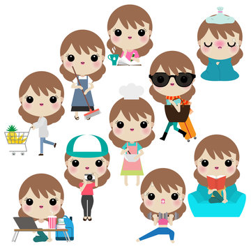 Vector illustration of woman or girl in different lifestyle activities such as cooking, working, reading, cleaning, being sick, traveling,studying,exercising, shopping,taking photos.