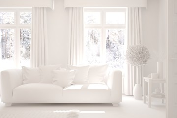 Mock up of stylish room in white color with sofa and winter landscape in window. Scandinavian interior design. 3D illustration