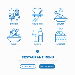 Restaurant menu thin line icons set: starters, chef dish, chicken, salad, wine, dessert. Modern vector illustration.
