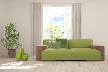 Stylish room in white color with sofa. Scandinavian interior design. 3D illustration