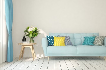 Stylish room in white color with sofa. Scandinavian interior design. 3D illustration
