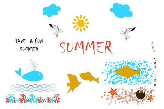  SEALS, CORALS, fish, whale, waves, sand, starfish, coconut cocktail, sun, clouds on a white background