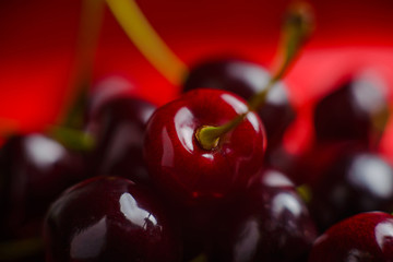 Glossy cherry on a red background. Ripe and juicy cherry fruit
