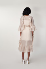 Catalog of fashion designers clothes casual and office business woman style dress for meeting walk and date beautiful sexy girl long hair natural makeup smile pretty face accessory perfect body shape.