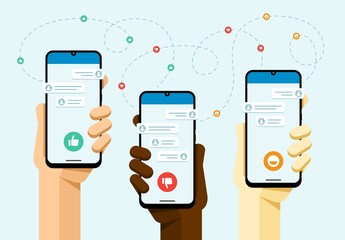 Smartphone mockup in human hand. Social media communication with a lot of peoples. Like, dislike, smile button. Vector flat colorful technology illustration