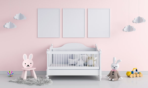 Three blank photo frame for mockup in child room, 3D rendering