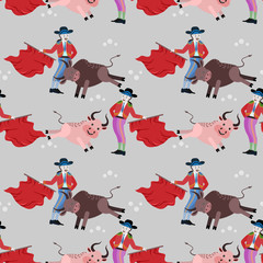 Matadors and bullfighting seamless pattern.Vector illustration design