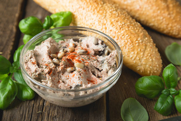 Homemade pate with pine nuts and herbs