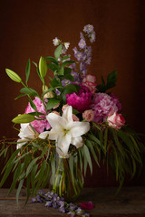 a beautiful bouquet of flowers lilies peonies roses card Wallpaper