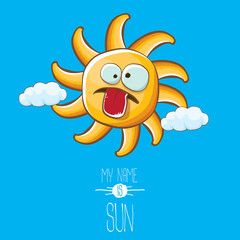 vector funky cartoon style summer sun character on blue sky background. My name is sun concept illustration. funky kids summer character with eyes and mouth