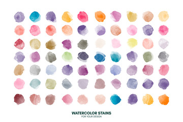 Set of colorful watercolor hand painted round shapes, stains, circles, blobs isolated on white background. Elements for artistic design. Trendy modern fashion colors