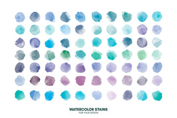 Set of colorful watercolor hand painted round shapes, stains, circles, blobs isolated on white. Illustration for artistic design. Trendy modern fashion colors