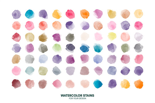 Set of colorful watercolor hand painted round shapes, stains, circles, blobs isolated on white background. Elements for artistic design. Trendy modern fashion colors