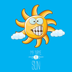 Fototapeta premium vector funky cartoon style summer sun character on blue sky background. My name is sun concept illustration. funky kids summer character with eyes and mouth