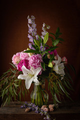 a beautiful bouquet of flowers lilies peonies roses card Wallpaper