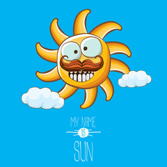 Naklejka premium vector funky cartoon style summer sun character on blue sky background. My name is sun concept illustration. funky kids summer character with eyes and mouth