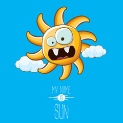 vector funky cartoon style summer sun character on blue sky background. My name is sun concept illustration. funky kids summer character with eyes and mouth
