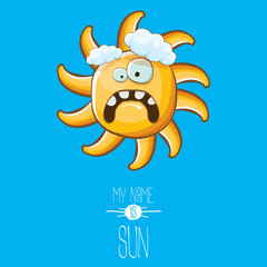 vector funky cartoon style summer sun character on blue sky background. My name is sun concept illustration. funky kids summer character with eyes and mouth