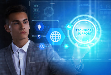 The concept of business, technology, the Internet and the network. A young entrepreneur working on a virtual screen of the future and sees the inscription: Technical support