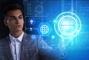 The concept of business, technology, the Internet and the network. A young entrepreneur working on a virtual screen of the future and sees the inscription: Customization