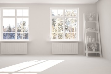 Mock up of empty room in white color with winter landscape in window. Scandinavian interior design. 3D illustration