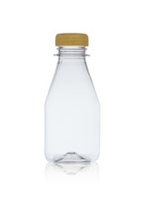 The empty plastic bottle closed by a cover with reflection. Isolated on a white background