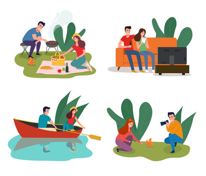 Young happy couple having picnic in the park, sitting on sofa and watching TV, sailing in a boat, Man photographing a girl. Vector flat illustration