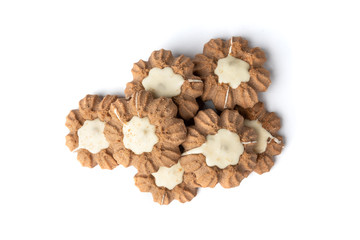 Chocolate shortbread cookies isolated on white background.