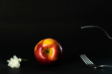 red yellow apple with silver fork and white flower food nature still life on black background