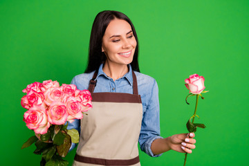 Portrait of cute attractive pretty lady entrepreneur hold hand pink rosebud cheerful satisfied...