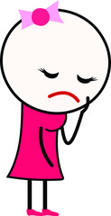 Vector illustration of a sad cartoon girl bows down (facing down) while standing. Concept of frustration, depression, heart break, break up, failure.