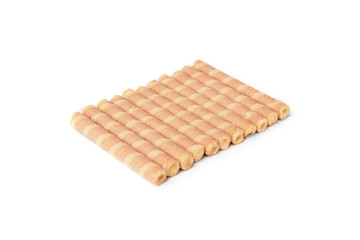 Sweet chocolate waffle rolls isolated on white background.