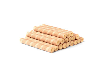 Sweet chocolate waffle rolls isolated on white background.