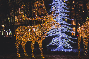 Christmas decorations in the streets of Helsinki, with evening light illumination, concept of...