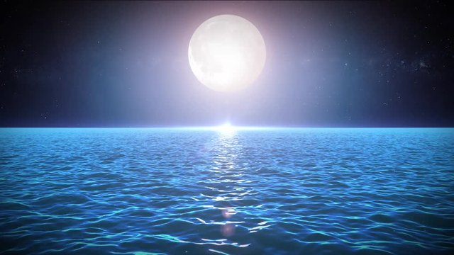 Seascape In The Moonlight Background/ 4k animation of loopable night ocean landscape with beautiful moonlight, water waves texture and starry sky