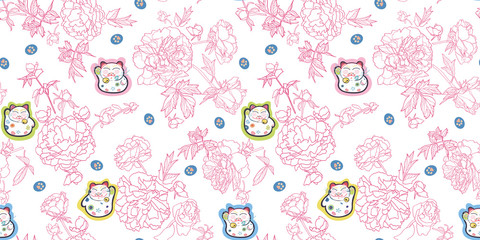 White vector repeat pattern with happy maneki neko cat and pink peony florals. Japan inspired pattern. Comic style. Perfect for paper and textile projects or events. Surface pattern design.