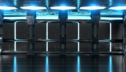 Dark blue spaceship futuristic interior with tech wall panel 3d rendering