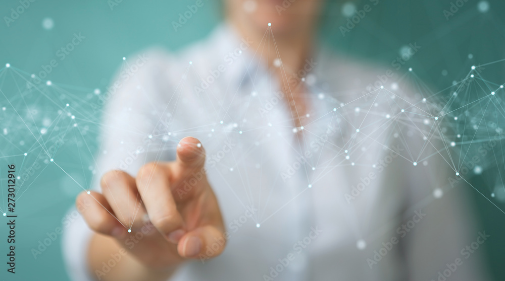 Aufkleber woman using floating digital network connections with dots and lines 3d rendering