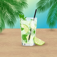 Vector cartoon flat illustration of glass of fresh lemonade or Mojito cocktail. Hand drawn summer drink with lime, mint and ice on wood background with tropic palm leaves.