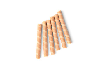Sweet chocolate waffle rolls isolated on white background.