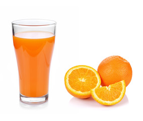 Full glass of orange juice and Orange fruit isolated on white background