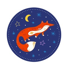 Sleeping foxes hand drawn vector illustration. Isolated flat illustration of animal in doodle style. With design element of moon and stars.