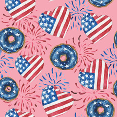 Fototapeta premium Watercolor seamless pattern of glazed donuts, hearts and salute in the colors of the USA star-striped flag. For compositions on the theme of patriotic holidays. On a pink background